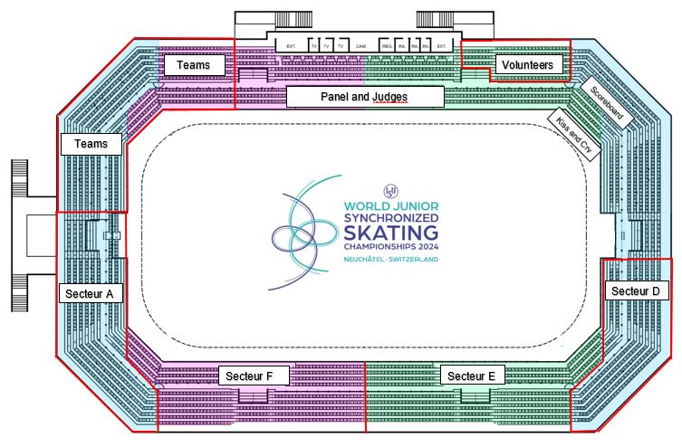 Plan de la patinoire de Neuchâtel avec indication des quatre secteurs.